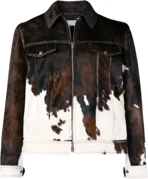 Men's Real Cow Hair on Leather Jacket, Cow Skin Print Pony Skin Coat, Casual