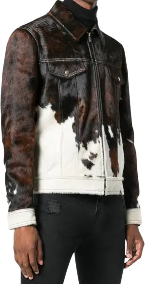 Men's Real Cow Hair on Leather Jacket, Print Pony Skin Coat, Casual Cow Skin Leather Jackets
