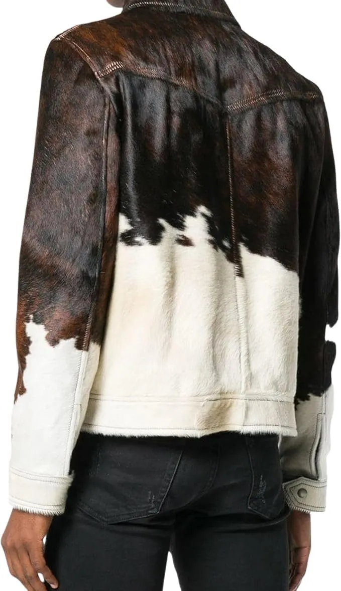Men's Real Cow Hair on Leather Jacket, Print Pony Skin Coat, Casual Cow Skin Leather Jackets