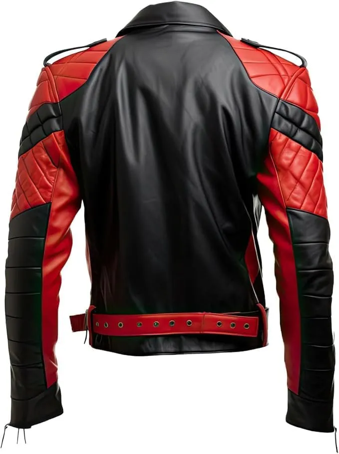 Mens red and black faux leather biker jacket, Asymmetric Lapel Collar Quilted Outerwear Jacket for mens