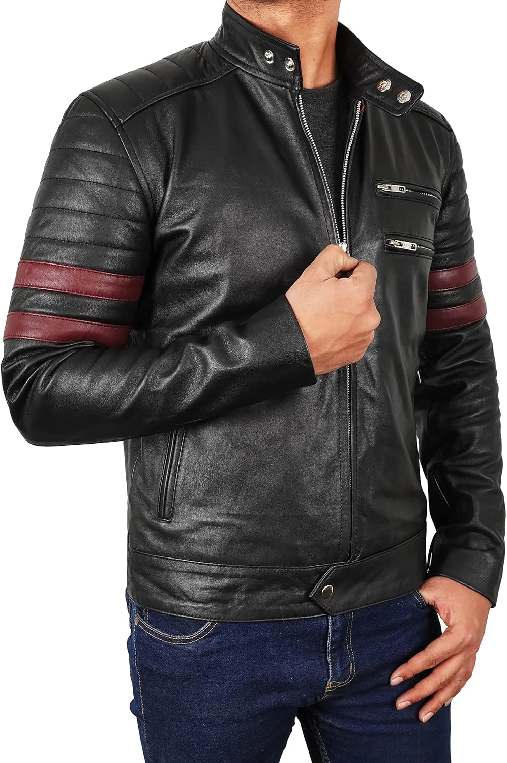 Men's Red Synthetic Leather Motorcycle Jacket  Retro Biker Jacket with White Racing Stripes