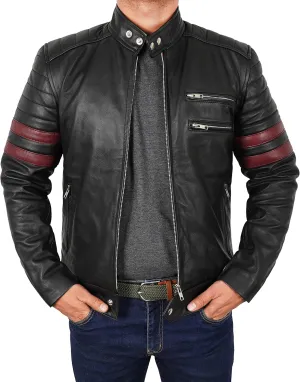 Men's Red Synthetic Leather Motorcycle Jacket  Retro Biker Jacket with White Racing Stripes
