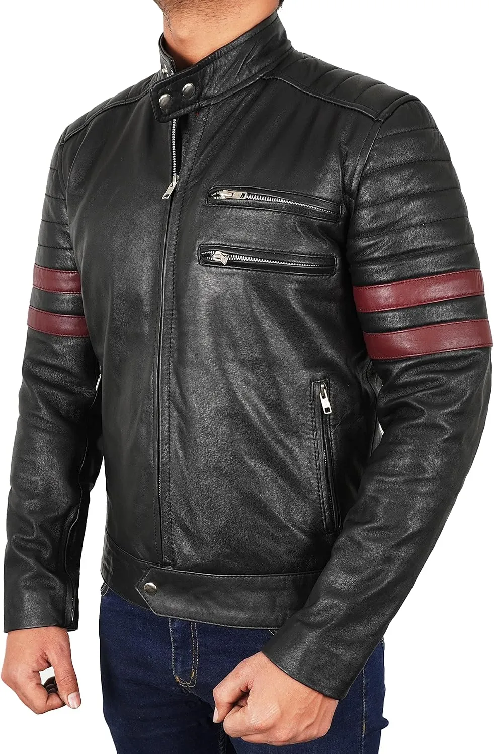 Men's Red Synthetic Leather Motorcycle Jacket  Retro Biker Jacket with White Racing Stripes