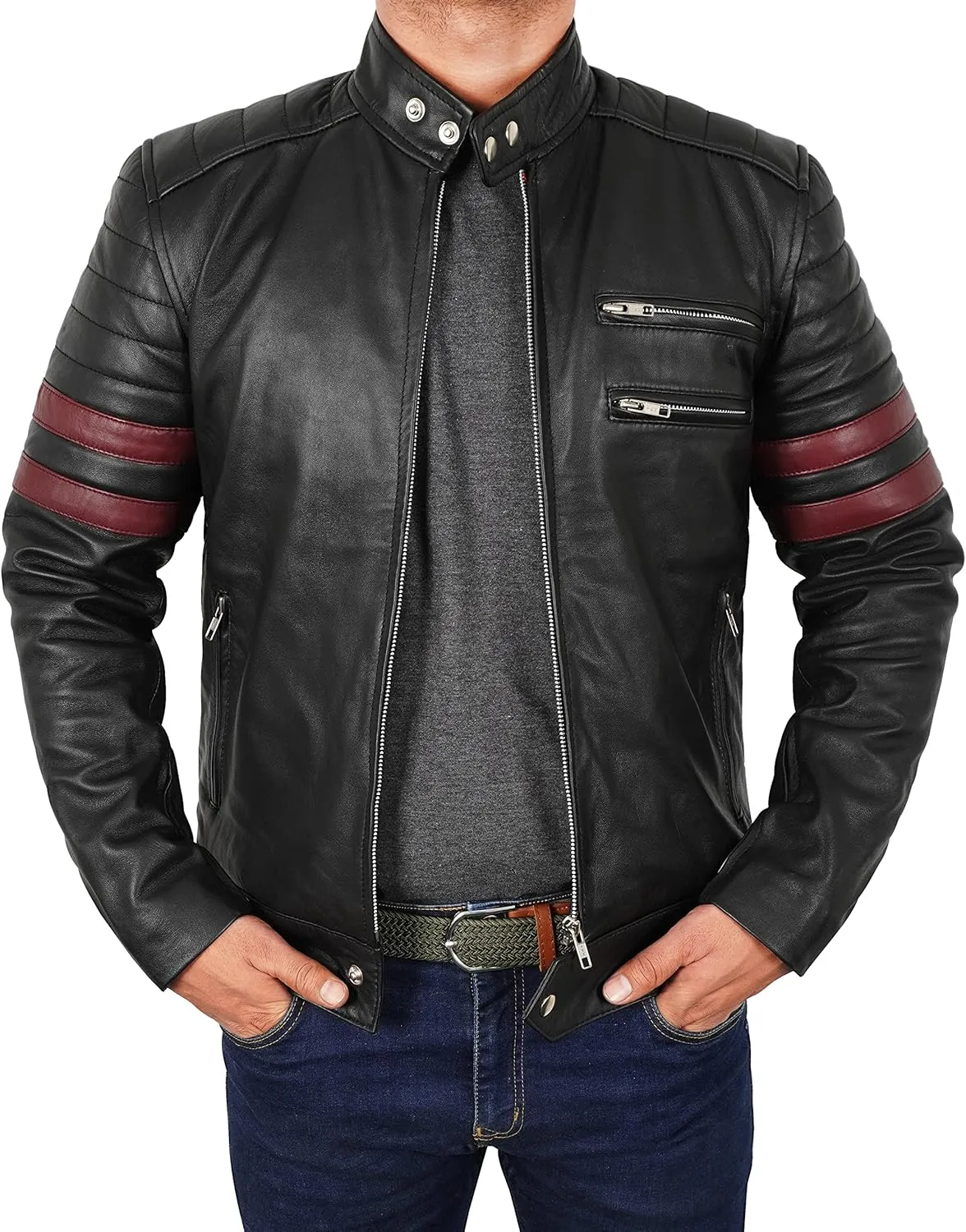 Men's Red Synthetic Leather Motorcycle Jacket  Retro Biker Jacket with White Racing Stripes
