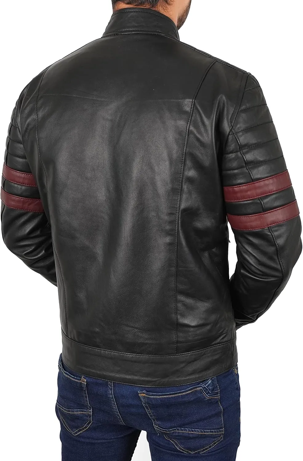 Men's Red Synthetic Leather Motorcycle Jacket  Retro Biker Jacket with White Racing Stripes