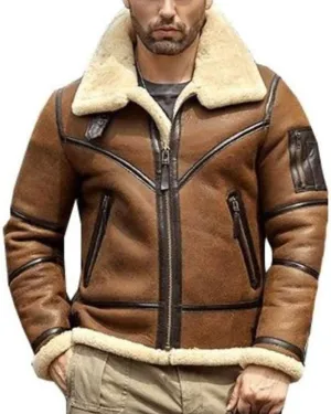 Mens Shearling Jacket B3 Flight Sheepskin Aviator Winter Coat Fur Bomber Leather Jacket