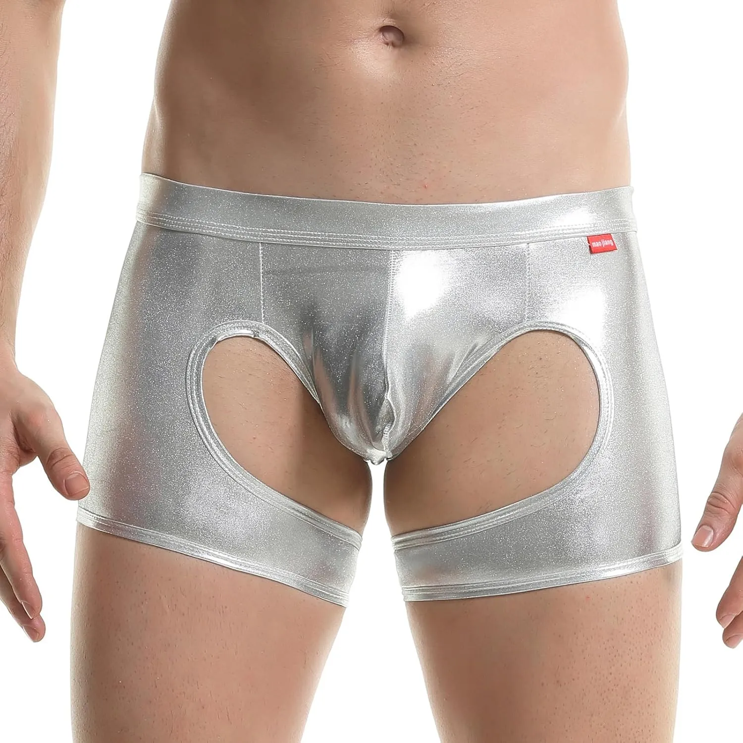 Men's Shiny Patent Leather Hollow Boxer Briefs Low Rise Underwear Bulge Pouch Underpants