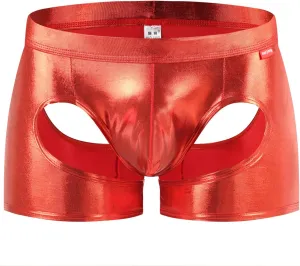 Men's Shiny Patent Leather Hollow Boxer Briefs Low Rise Underwear Bulge Pouch Underpants