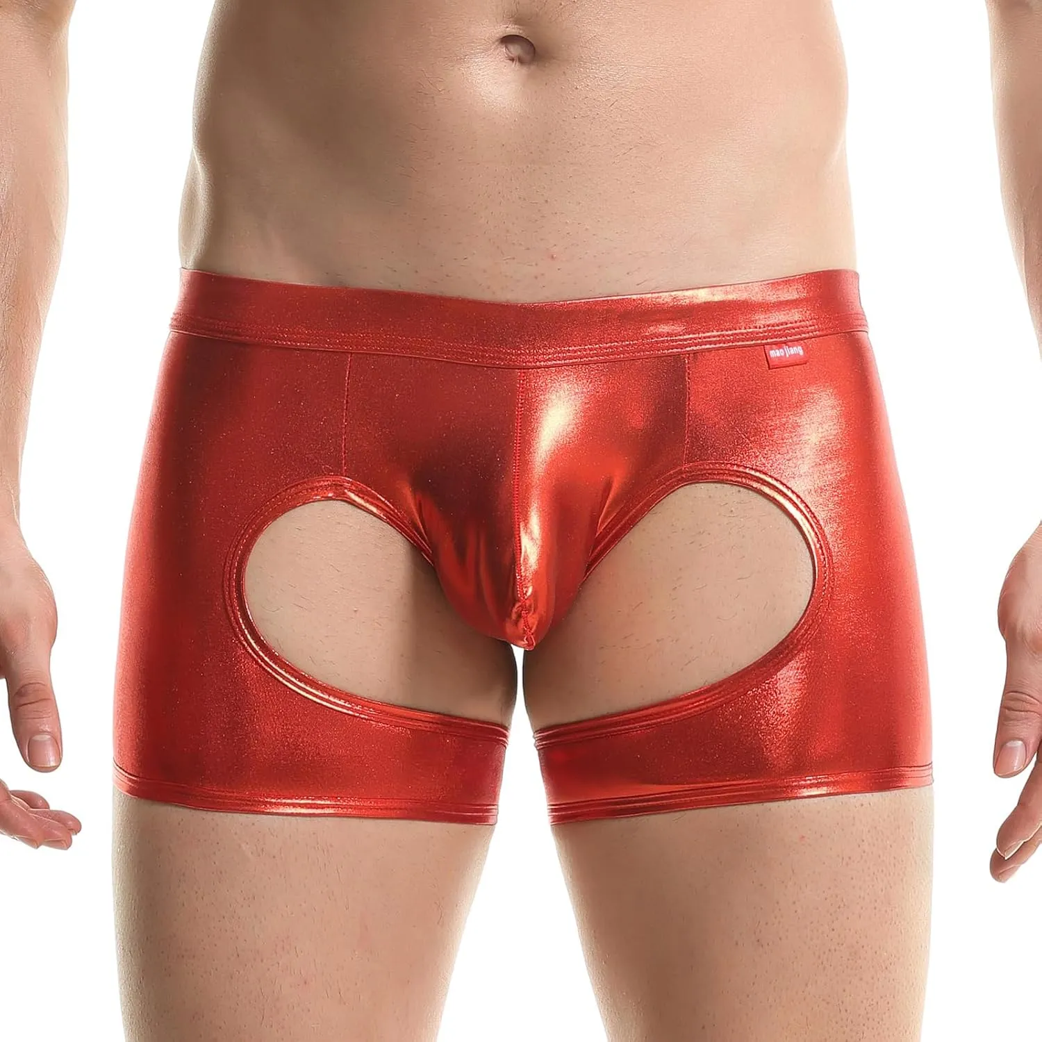 Men's Shiny Patent Leather Hollow Boxer Briefs Low Rise Underwear Bulge Pouch Underpants