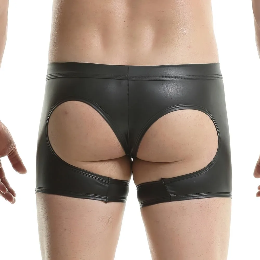 Men's Shiny Patent Leather Hollow Boxer Briefs Low Rise Underwear Bulge Pouch Underpants
