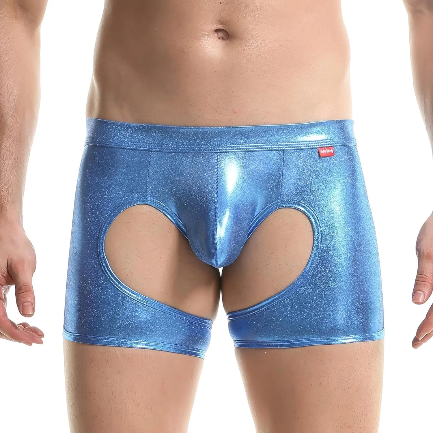 Men's Shiny Patent Leather Hollow Boxer Briefs Low Rise Underwear Bulge Pouch Underpants