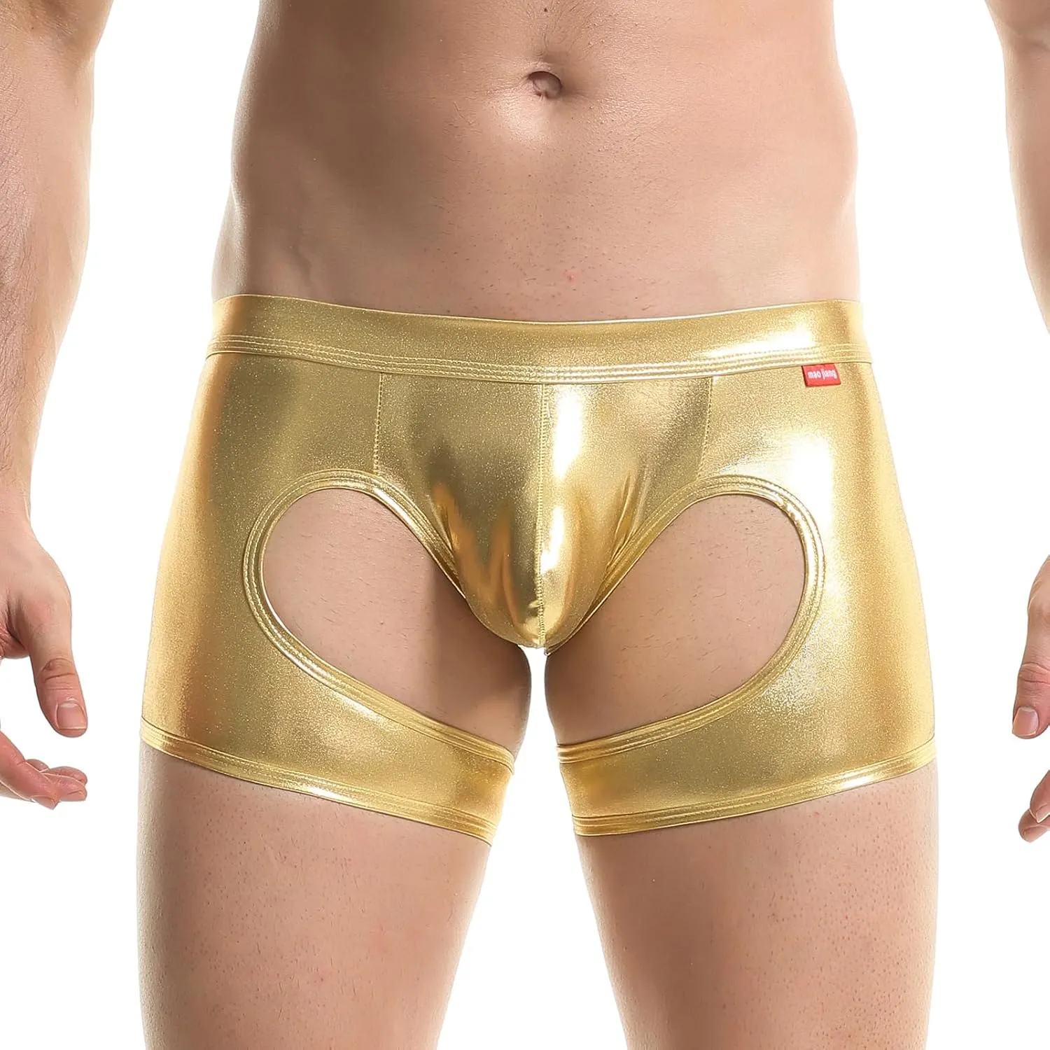 Men's Shiny Patent Leather Hollow Boxer Briefs Low Rise Underwear Bulge Pouch Underpants