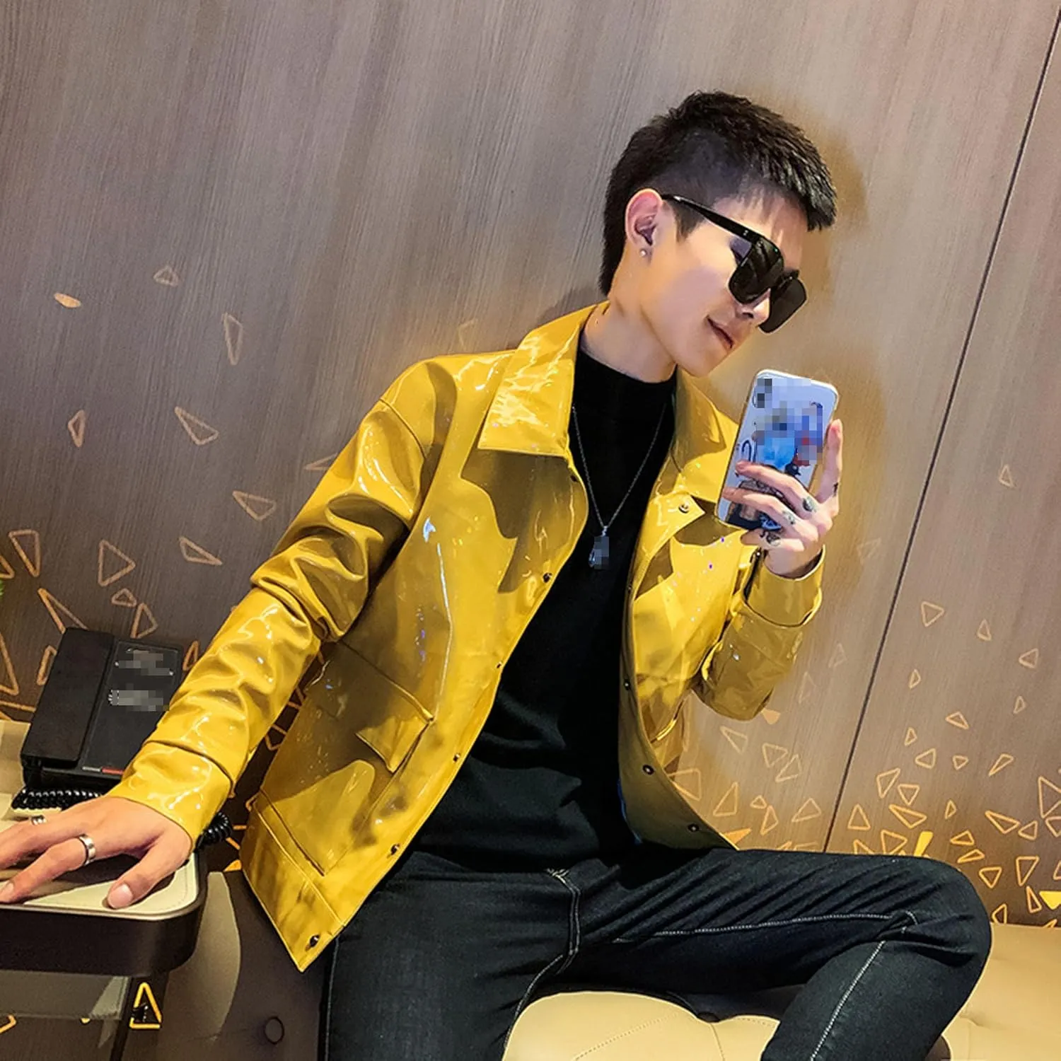 Men's Shiny Zipper PU Outwear Jacket Male Fashion Lapel Patent Leather Long Sleeve Retro Biker Blazer
