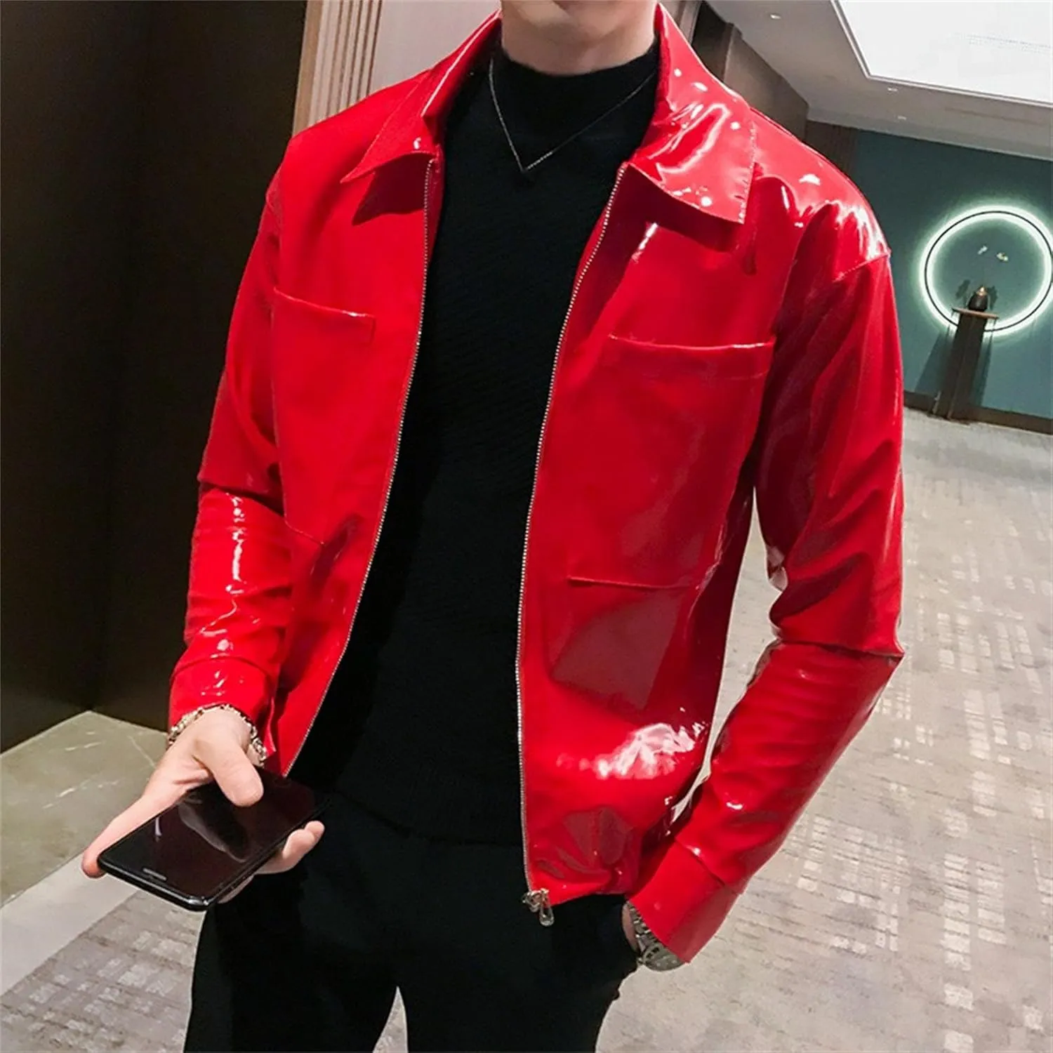 Men's Shiny Zipper PU Outwear Jacket Male Fashion Lapel Patent Leather Long Sleeve Retro Biker Blazer