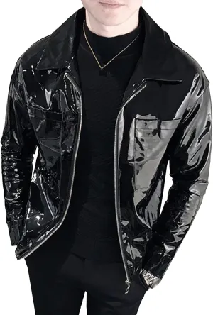 Men's Shiny Zipper PU Outwear Jacket Male Fashion Lapel Patent Leather Long Sleeve Retro Biker Blazer