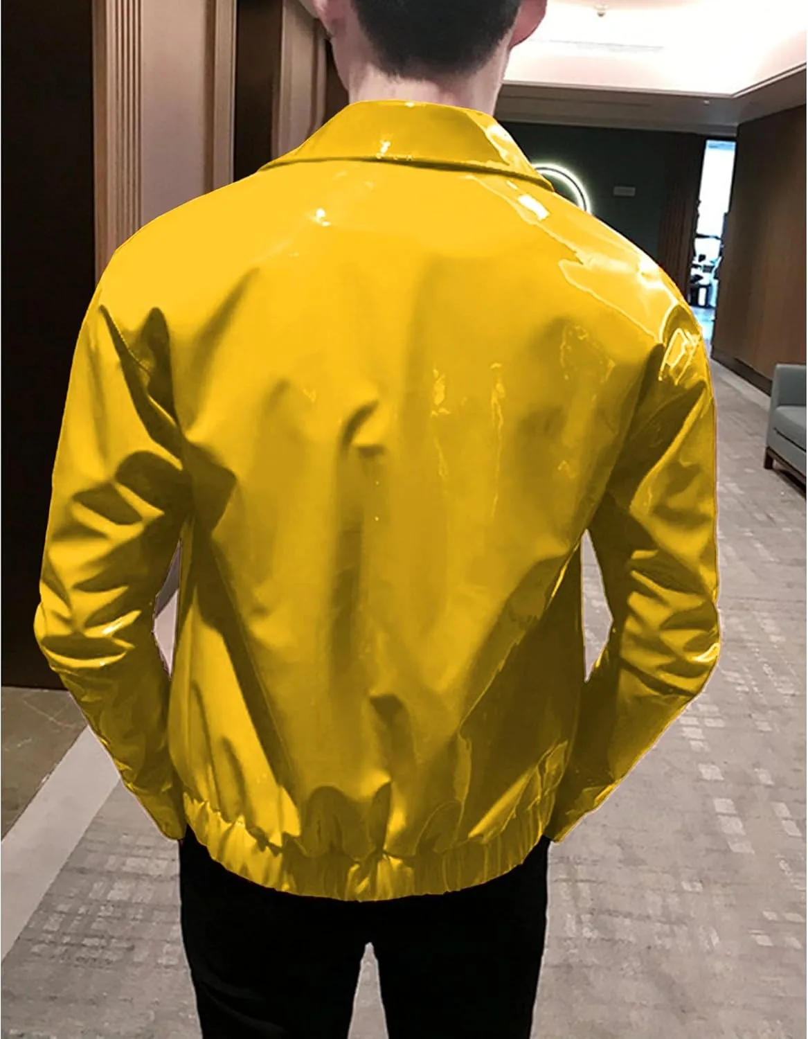 Men's Shiny Zipper PU Outwear Jacket Male Fashion Lapel Patent Leather Long Sleeve Retro Biker Blazer