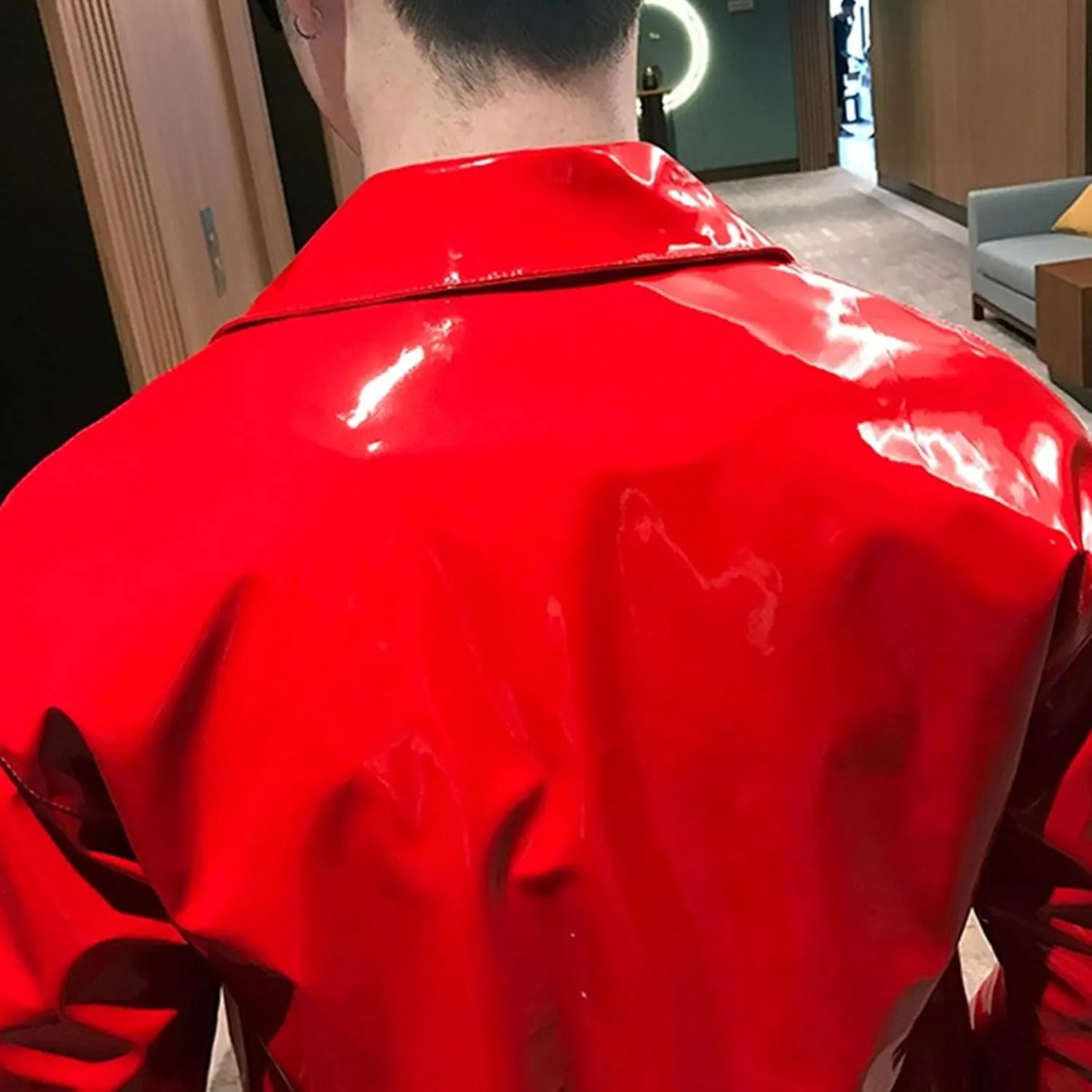 Men's Shiny Zipper PU Outwear Jacket Male Fashion Lapel Patent Leather Long Sleeve Retro Biker Blazer