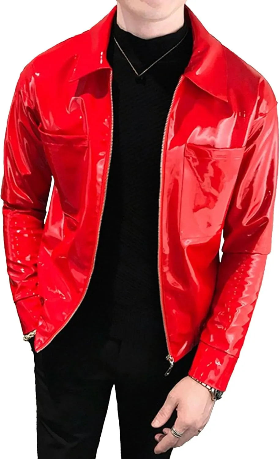 Men's Shiny Zipper PU Outwear Jacket Male Fashion Lapel Patent Leather Long Sleeve Retro Biker Blazer