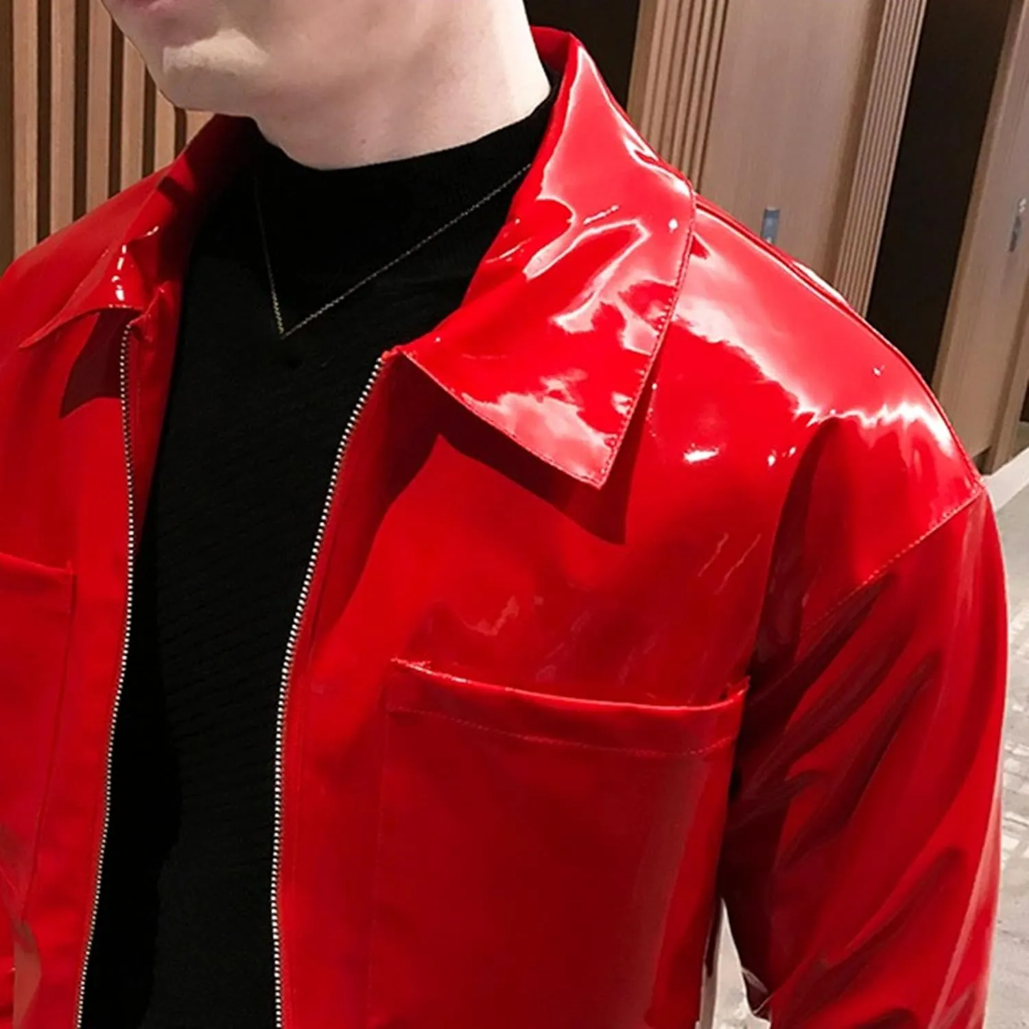 Men's Shiny Zipper PU Outwear Jacket Male Fashion Lapel Patent Leather Long Sleeve Retro Biker Blazer