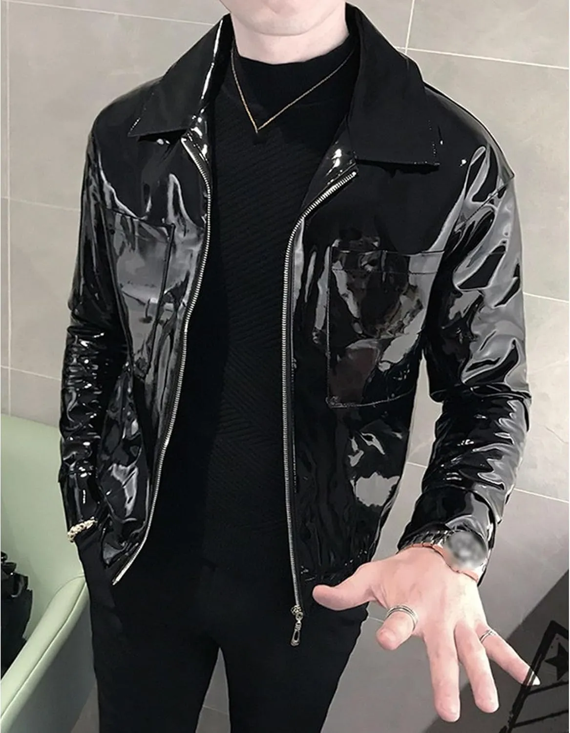 Men's Shiny Zipper PU Outwear Jacket Male Fashion Lapel Patent Leather Long Sleeve Retro Biker Blazer