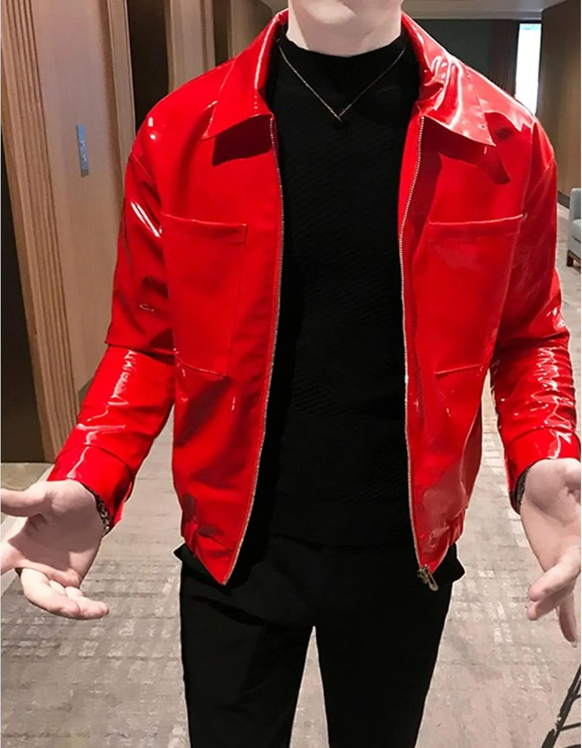 Men's Shiny Zipper PU Outwear Jacket Male Fashion Lapel Patent Leather Long Sleeve Retro Biker Blazer