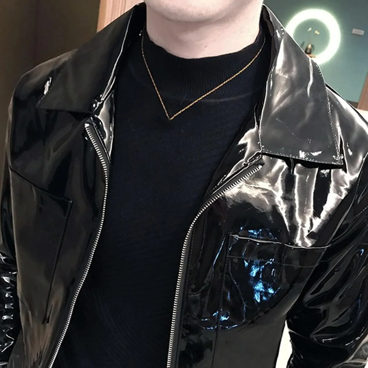 Men's Shiny Zipper PU Outwear Jacket Male Fashion Lapel Patent Leather Long Sleeve Retro Biker Blazer