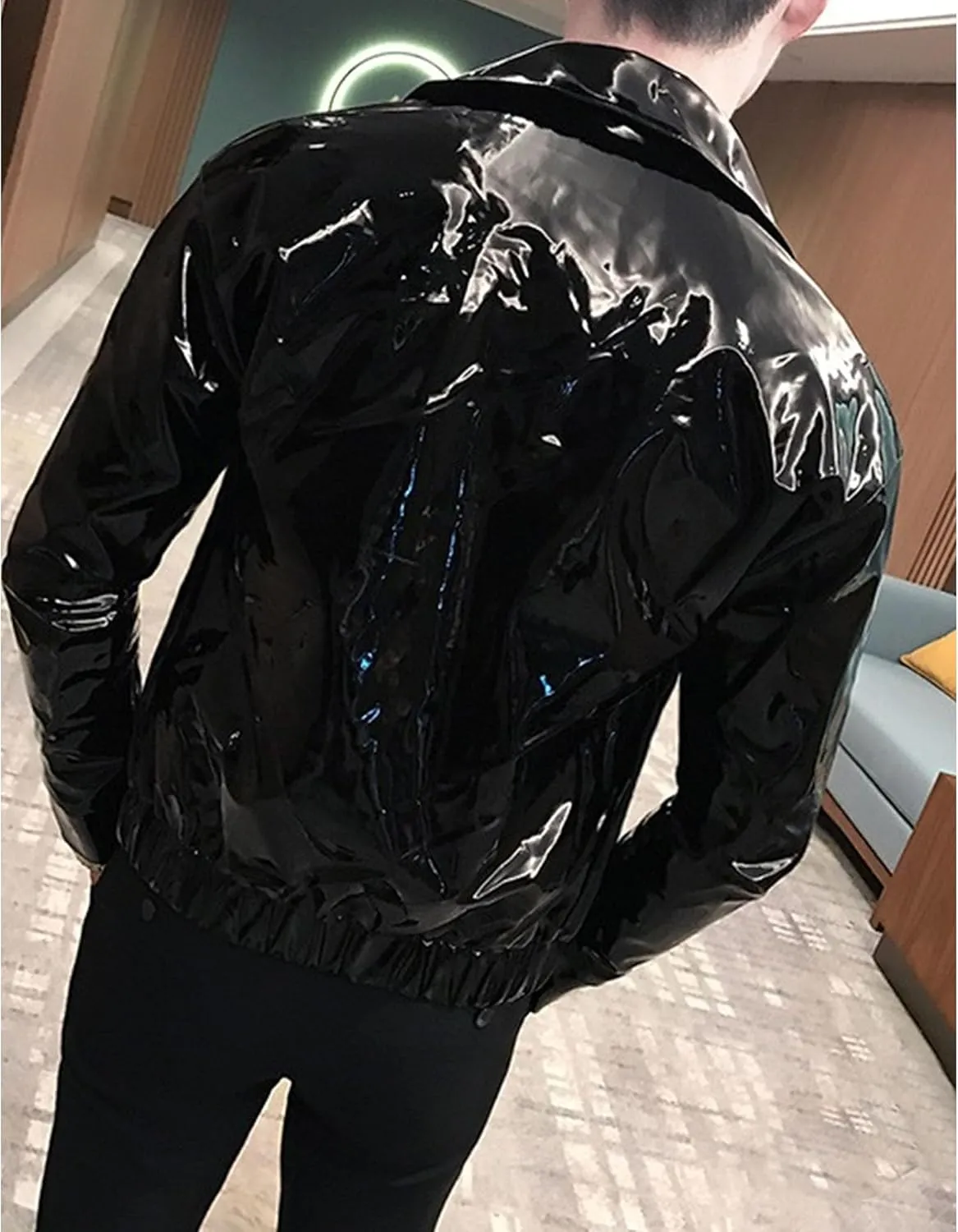 Men's Shiny Zipper PU Outwear Jacket Male Fashion Lapel Patent Leather Long Sleeve Retro Biker Blazer
