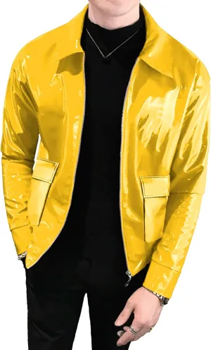 Men's Shiny Zipper PU Outwear Jacket Male Fashion Lapel Patent Leather Long Sleeve Retro Biker Blazer