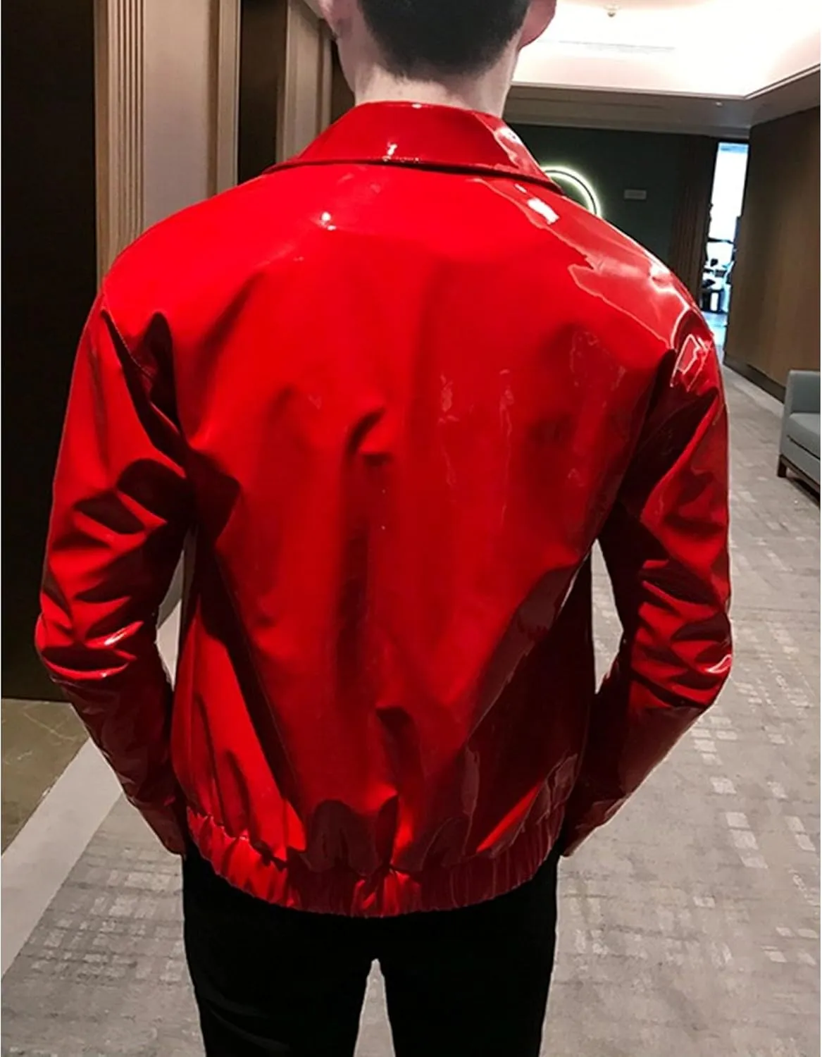 Men's Shiny Zipper PU Outwear Jacket Male Fashion Lapel Patent Leather Long Sleeve Retro Biker Blazer