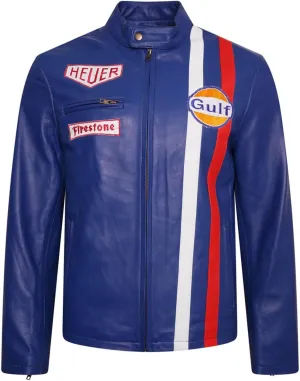Men's Steve McQueen Le Mans Multi Colors Gulf Stripes Racing Biker Leather Jacket