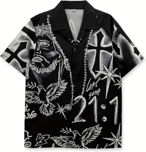 Men's Stylish Button Down Shirt, Religious Art Print, Short Sleeve Summer Hawaiian Style, Streetwear