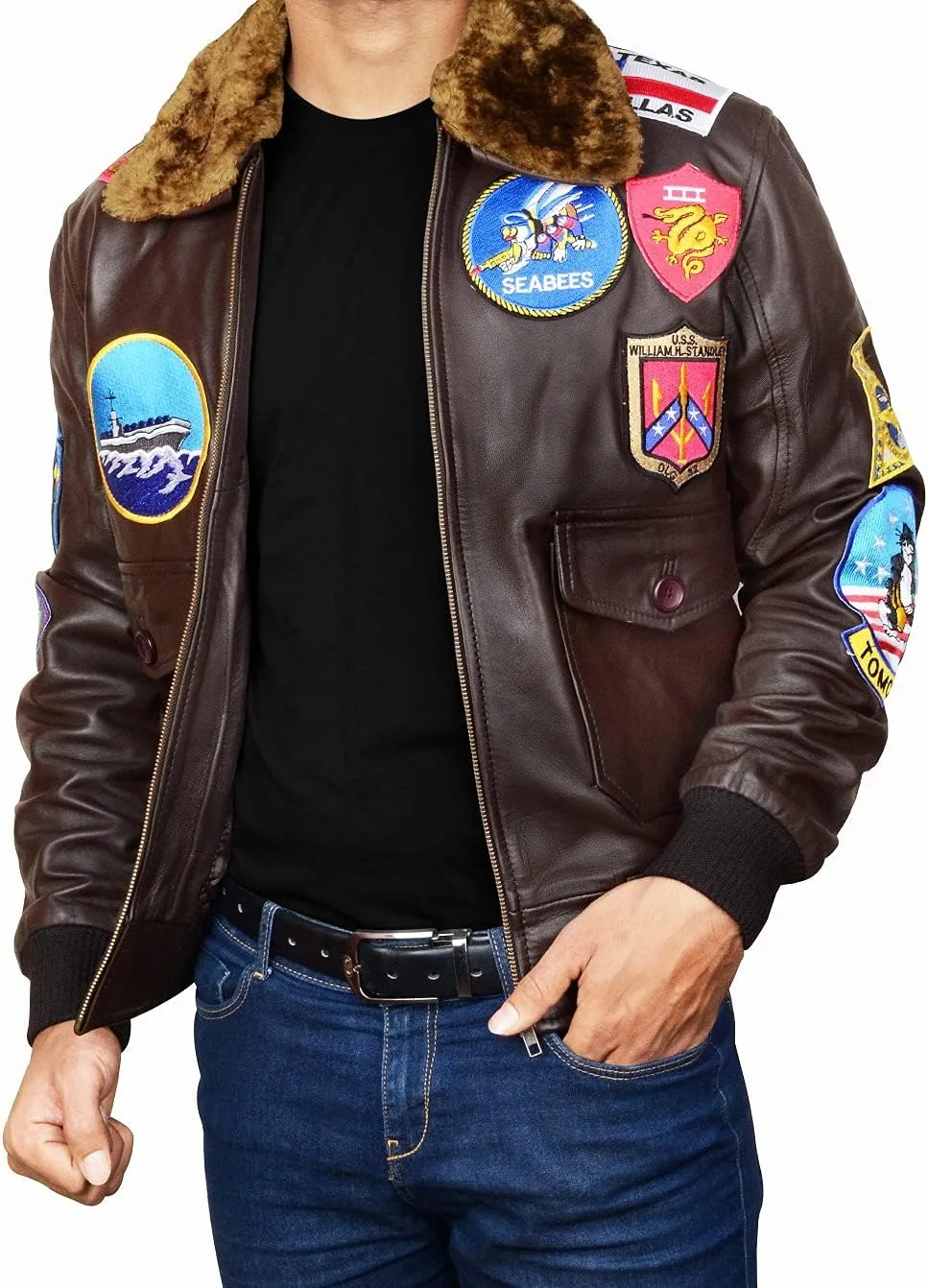 Mens USAAF G1 Aviator Pilot Removable Fur Collar Bomber Leather Jacket Black/Brown-Real/Faux