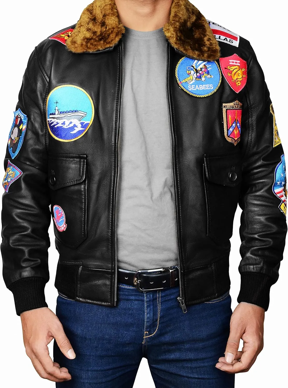 Mens USAAF G1 Aviator Pilot Removable Fur Collar Bomber Leather Jacket Black/Brown-Real/Faux