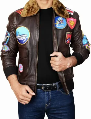 Mens USAAF G1 Aviator Pilot Removable Fur Collar Bomber Leather Jacket Black/Brown-Real/Faux