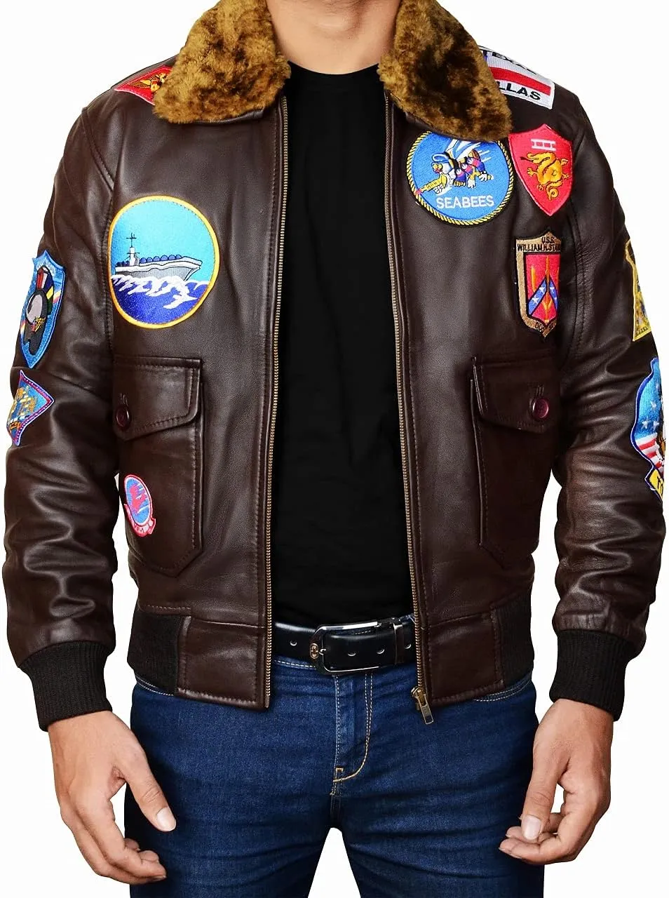 Mens USAAF G1 Aviator Pilot Removable Fur Collar Bomber Leather Jacket Black/Brown-Real/Faux