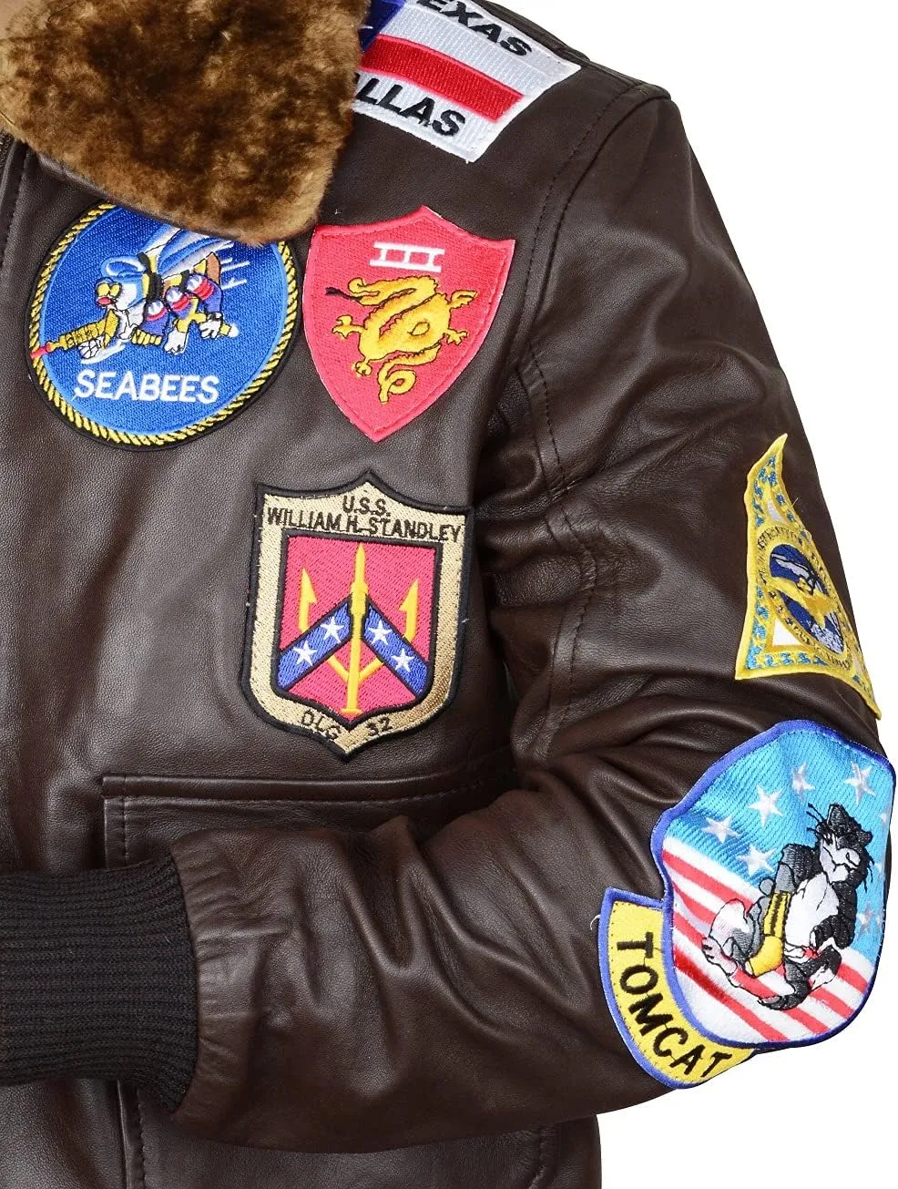 Mens USAAF G1 Aviator Pilot Removable Fur Collar Bomber Leather Jacket Black/Brown-Real/Faux