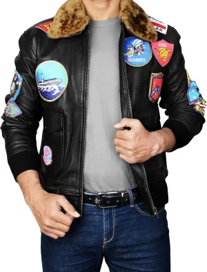 Mens USAAF G1 Aviator Pilot Removable Fur Collar Bomber Leather Jacket Black/Brown-Real/Faux
