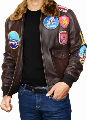Mens USAAF G1 Aviator Pilot Removable Fur Collar Bomber Leather Jacket Black/Brown-Real/Faux