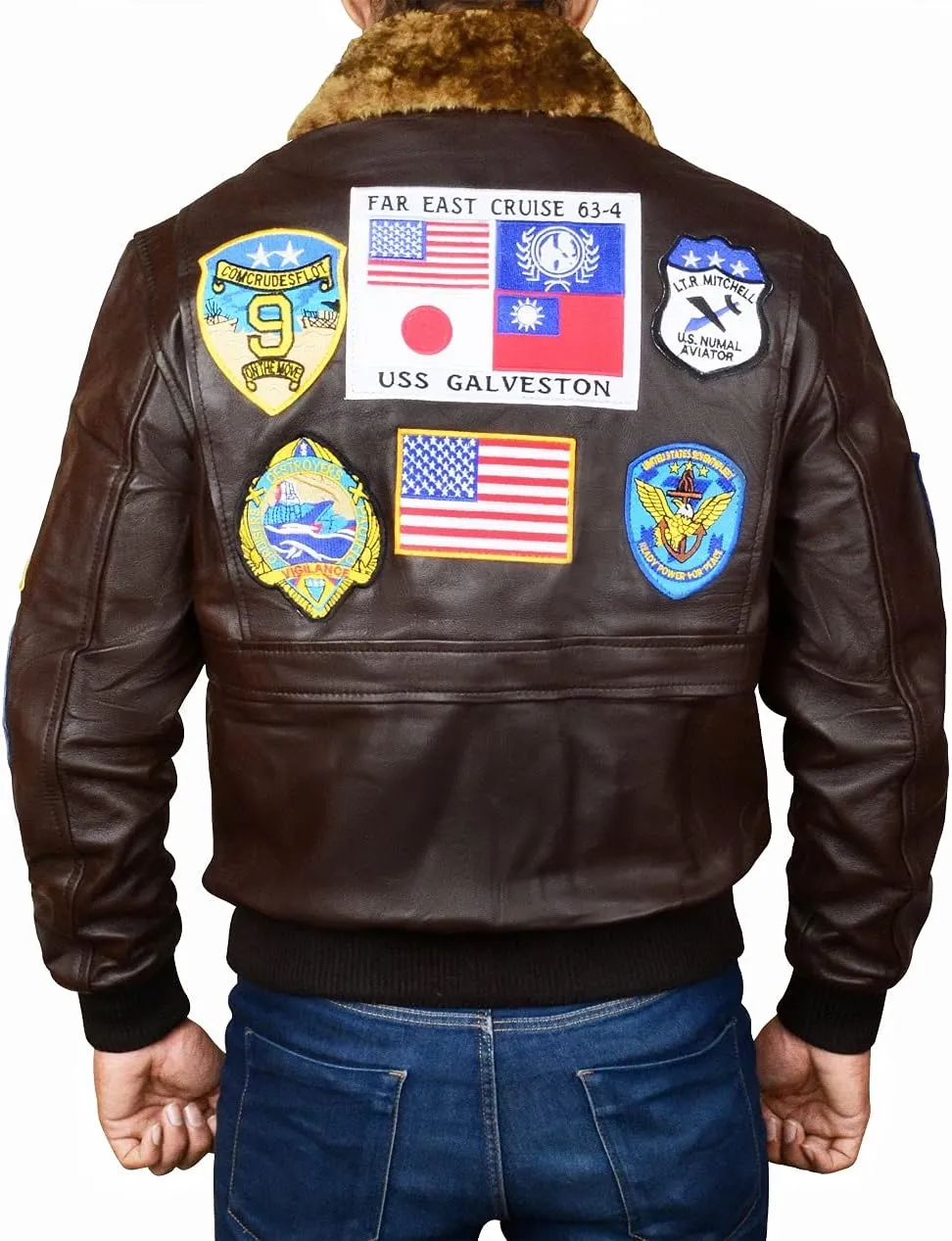 Mens USAAF G1 Aviator Pilot Removable Fur Collar Bomber Leather Jacket Black/Brown-Real/Faux