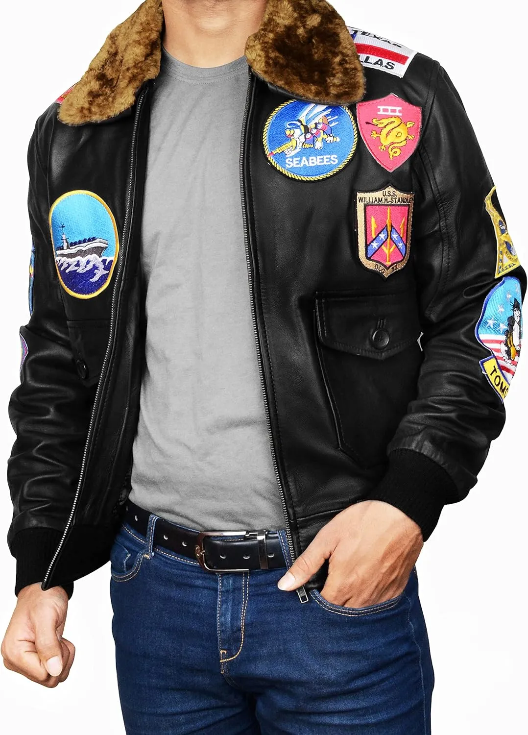 Mens USAAF G1 Aviator Pilot Removable Fur Collar Bomber Leather Jacket Black/Brown-Real/Faux