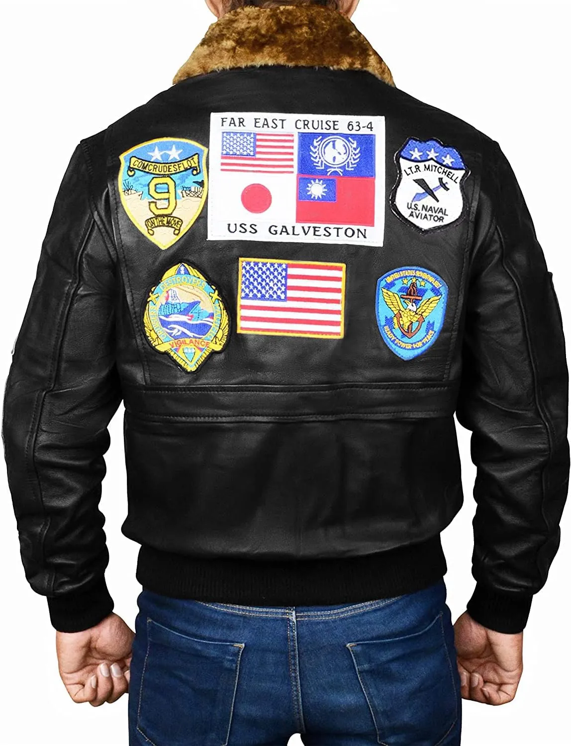 Mens USAAF G1 Aviator Pilot Removable Fur Collar Bomber Leather Jacket Black/Brown-Real/Faux