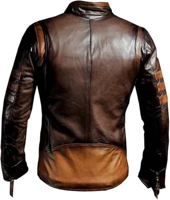Men's Vintage Style Leather Motorcycle Jacket, Brown with Tan Stripes, Zip Front