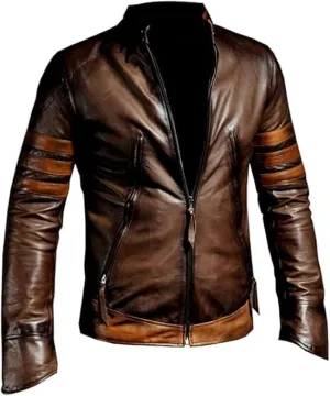 Men's Vintage Style Leather Motorcycle Jacket, Brown with Tan Stripes, Zip Front
