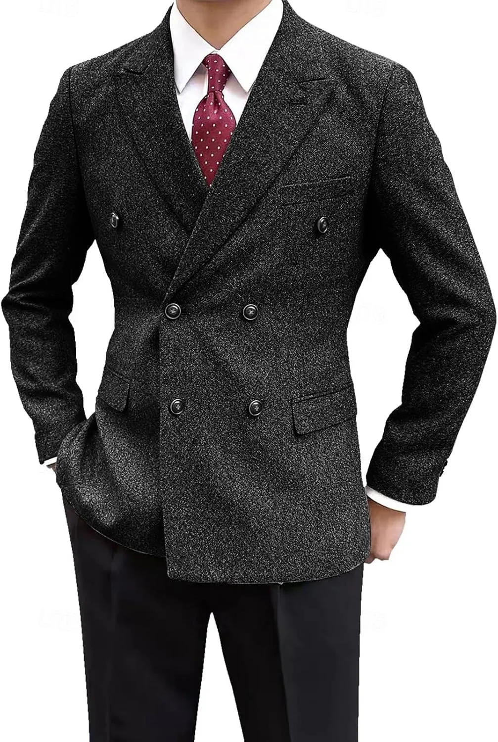 Men's Vintage Tweed Jacket Blazer Two Buttons Double Breasted Sports Coat with Pockets Wedding Groomsmen Prom