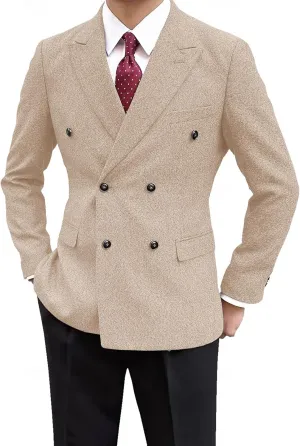 Men's Vintage Tweed Jacket Blazer Two Buttons Double Breasted Sports Coat with Pockets Wedding Groomsmen Prom