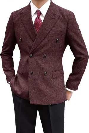 Men's Vintage Tweed Jacket Blazer Two Buttons Double Breasted Sports Coat with Pockets Wedding Groomsmen Prom