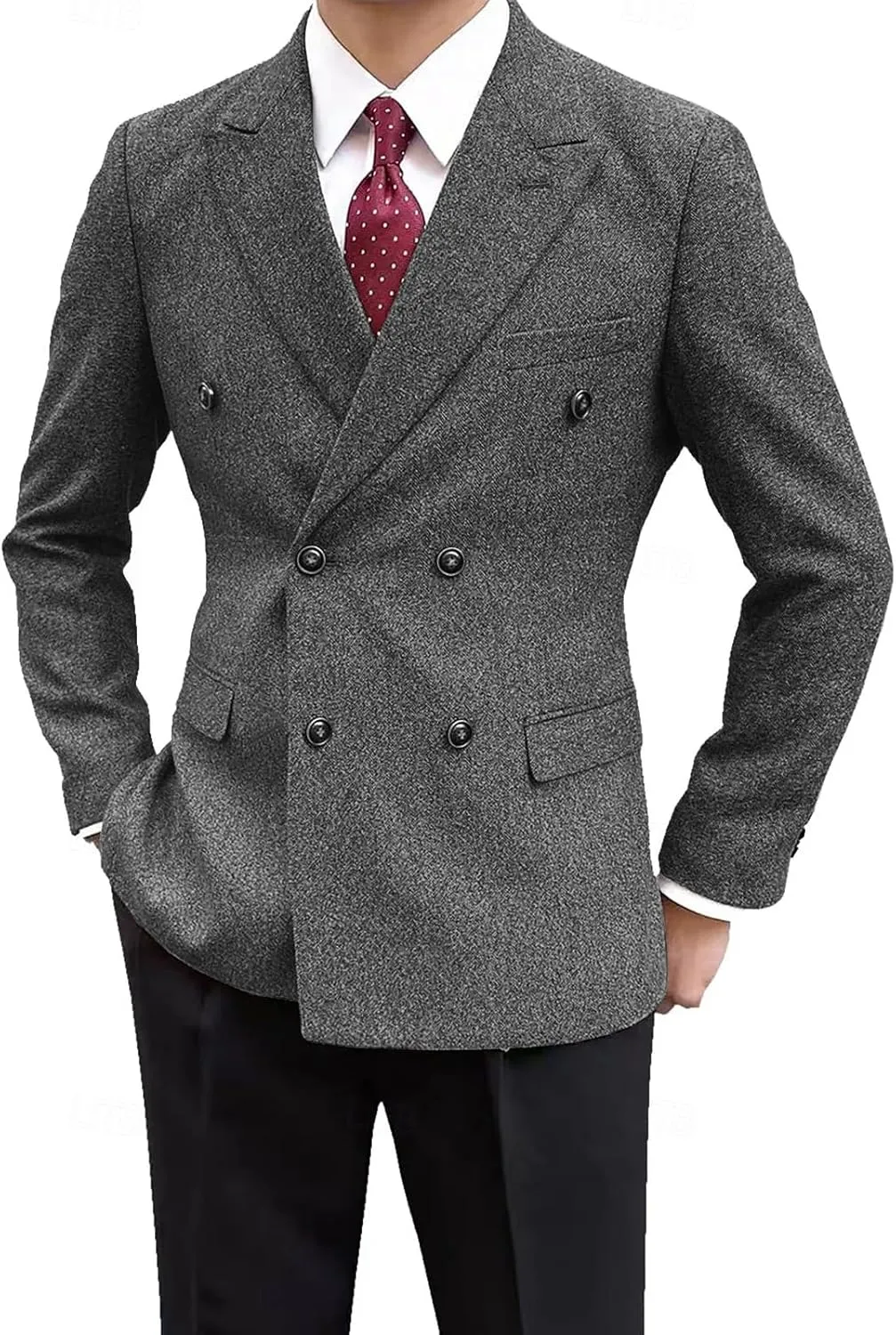 Men's Vintage Tweed Jacket Blazer Two Buttons Double Breasted Sports Coat with Pockets Wedding Groomsmen Prom