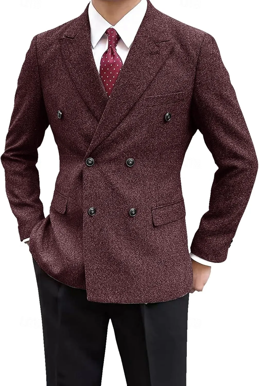 Men's Vintage Tweed Jacket Blazer Two Buttons Double Breasted Sports Coat with Pockets Wedding Groomsmen Prom