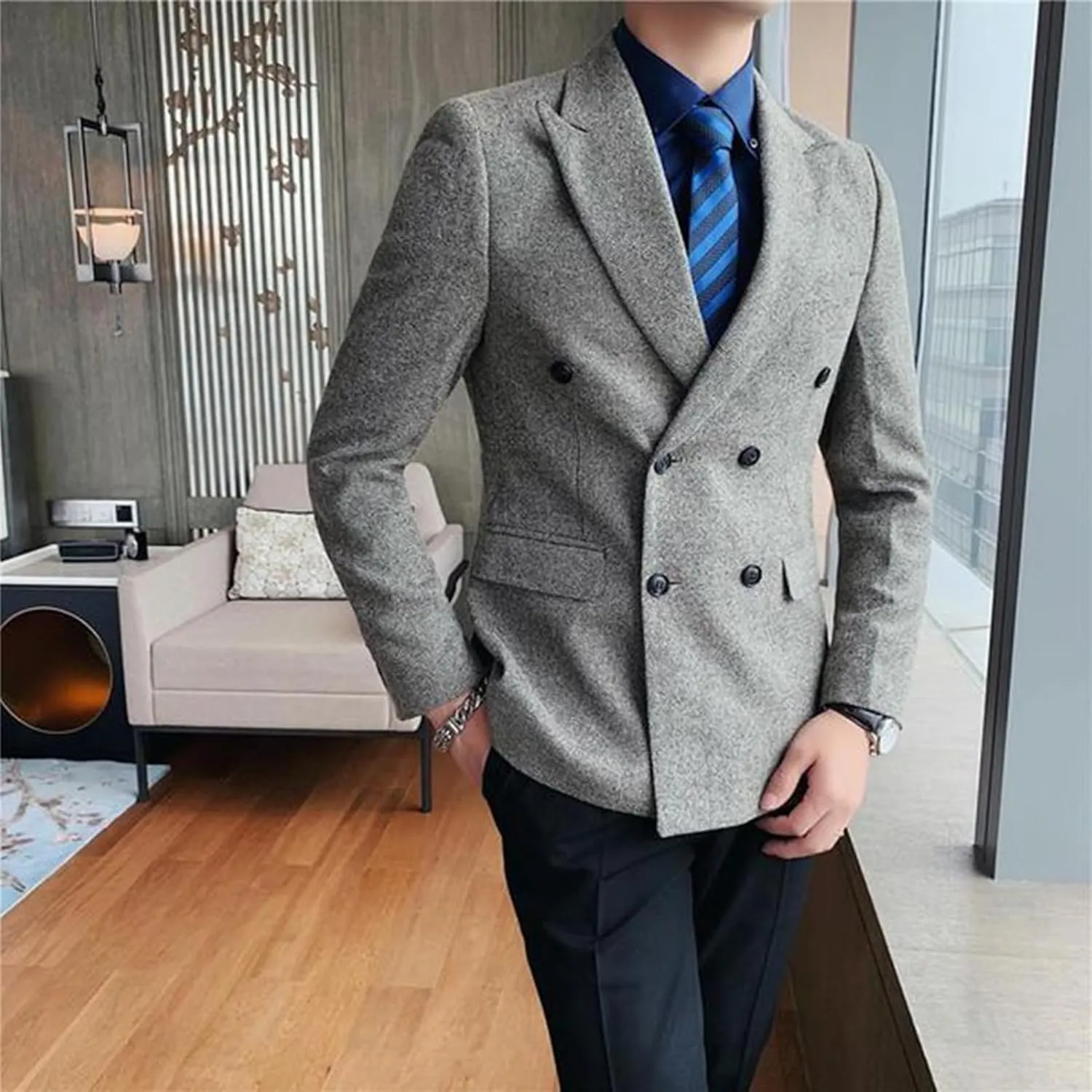 Men's Vintage Tweed Jacket Blazer Two Buttons Double Breasted Sports Coat with Pockets Wedding Groomsmen Prom