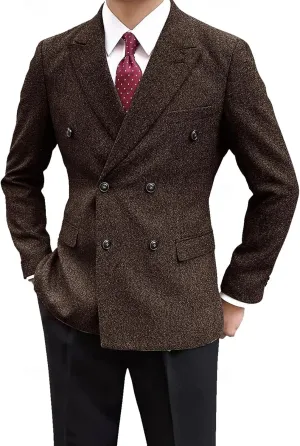 Men's Vintage Tweed Jacket Blazer Two Buttons Double Breasted Sports Coat with Pockets Wedding Groomsmen Prom